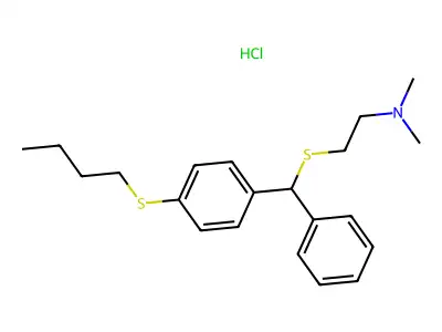 2-[(4-Butylsulfanylphenyl)-phenylmethyl]sulfanylethyl-dimethylazanium chloride structure