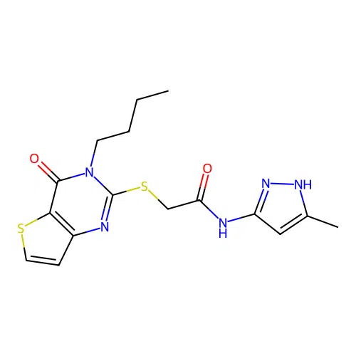 2-(3-butyl-4-oxothieno[3,2-d]pyrimidin-2-yl)sulfanyl-N-(5-methyl-1H-pyrazol-3-yl)acetamide structure
