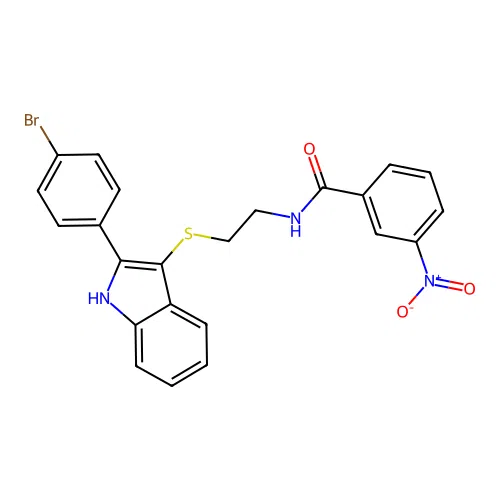 N-(2-((2-(4-bromophenyl)-1H-indol-3-yl)thio)ethyl)-3-nitrobenzamide structure