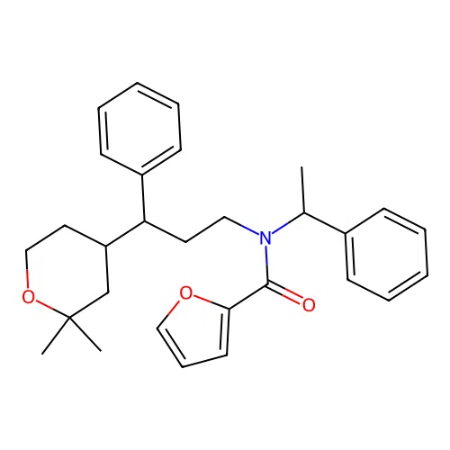 N-[3-(2,2-dimethyltetrahydro-2H-pyran-4-yl)-3-phenylpropyl]-N-(1-phenylethyl)-2-furamide structure