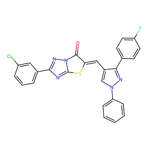 (5Z)-2-(3-chlorophenyl)-5-{[3-(4-fluorophenyl)-1-phenyl-1H-pyrazol-4-yl]methylidene}[1,3]thiazolo[3,2-b][1,2,4]triazol-6(5H)-one structure