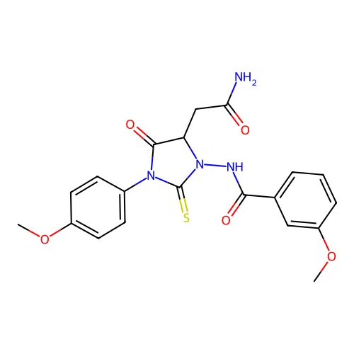 N-[5-(2-amino-2-oxoethyl)-3-(4-methoxyphenyl)-4-oxo-2-sulfanylideneimidazolidin-1-yl]-3-methoxybenzamide structure