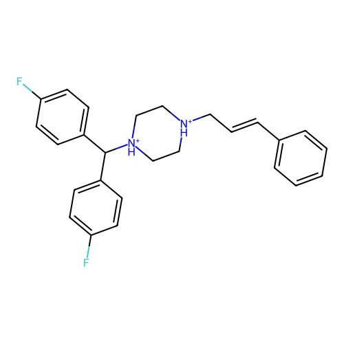 1-[Bis(4-fluorophenyl)methyl]-4-(3-phenylprop-2-enyl)piperazine-1,4-diium structure